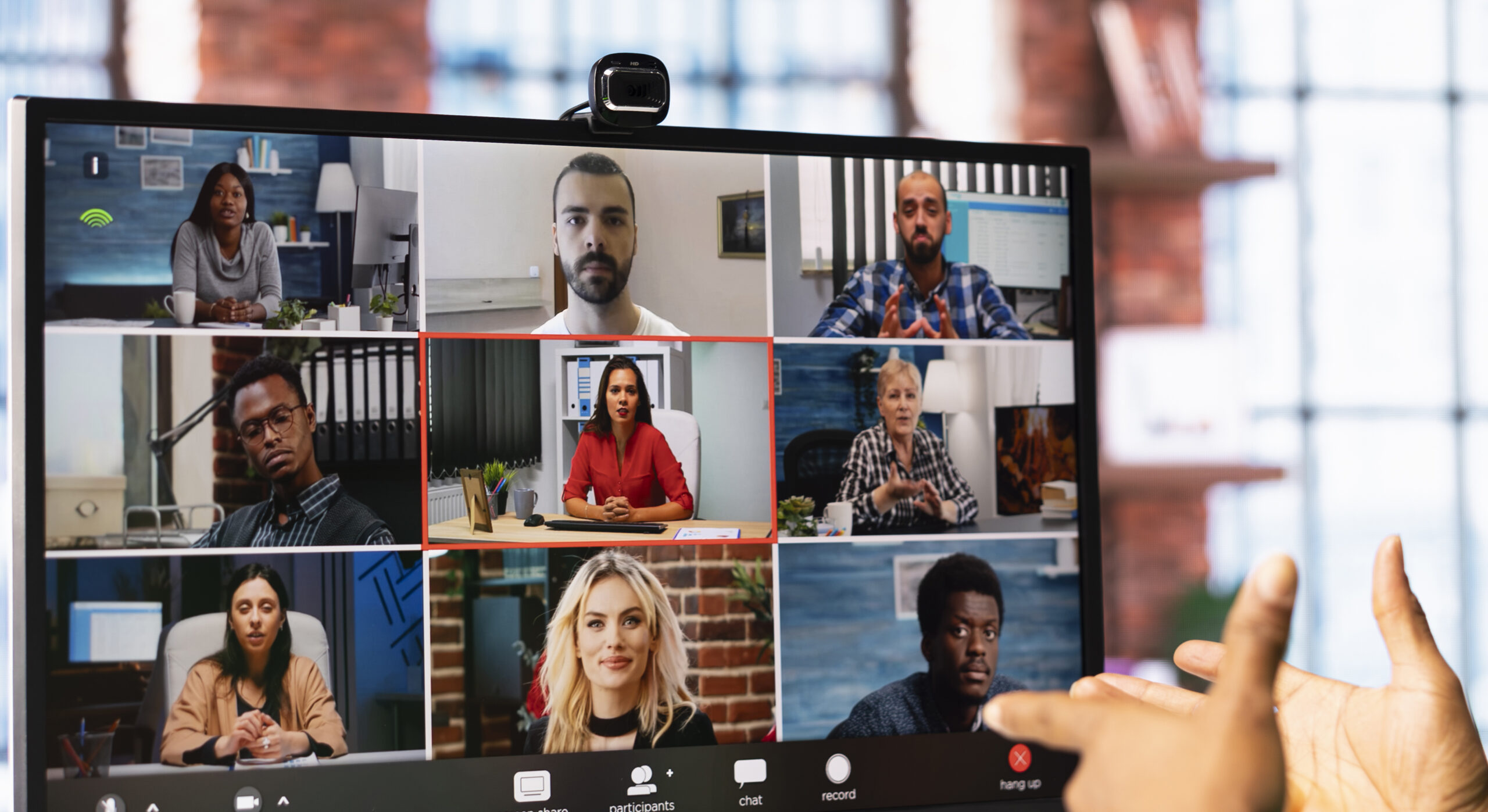 Manager talking with employees during videocall from home, looking over paperwork, organizing job shifts. Supervisor doing remote teleconference meeting with staff members, checking documents