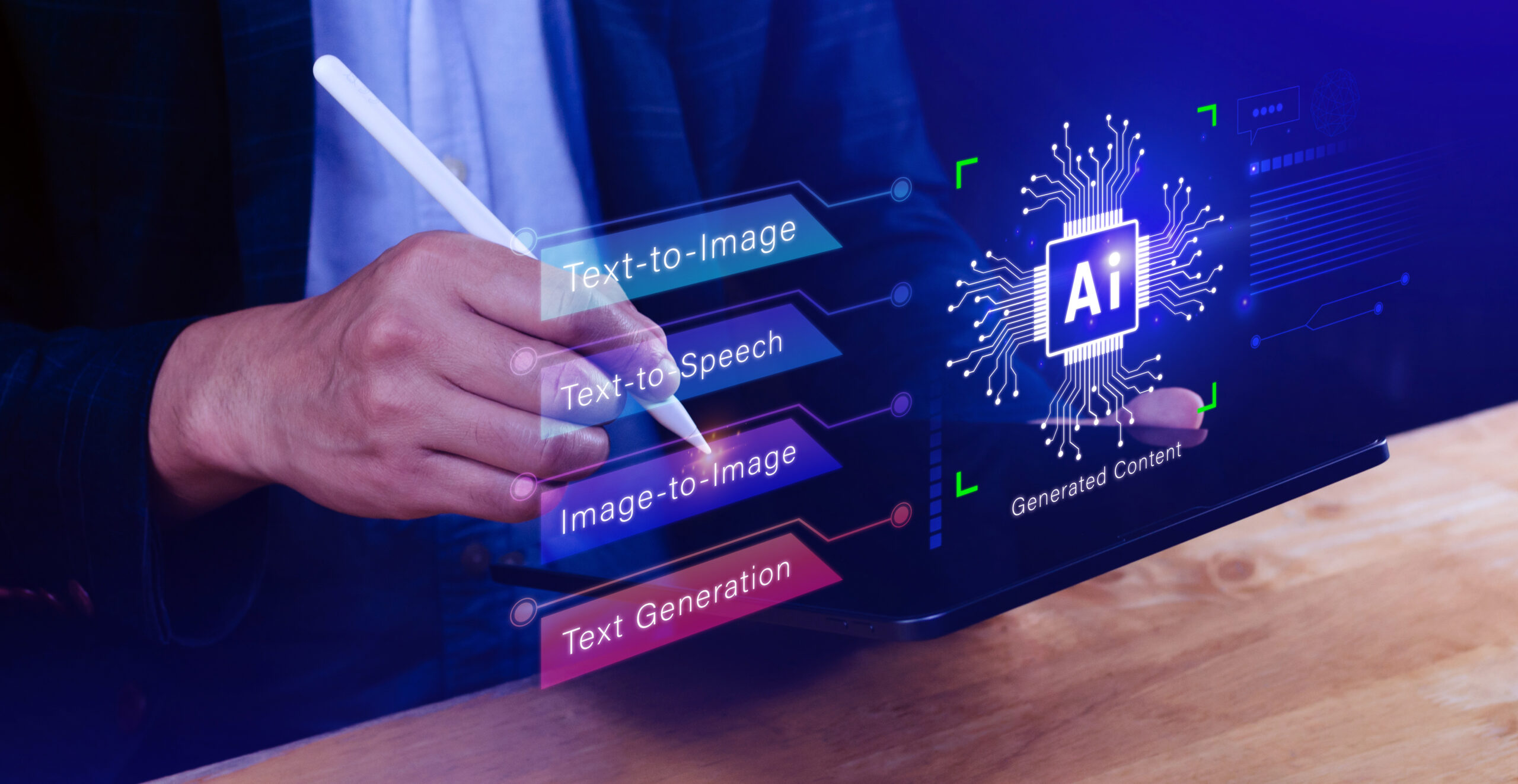 Ai tech, using virtual graphic Global Internet connect Chatgpt Chat with AI, Artificial Intelligence to generate content, Text to image, speech, smart AI, using command prompt for generates something, Futuristic technology transformation.