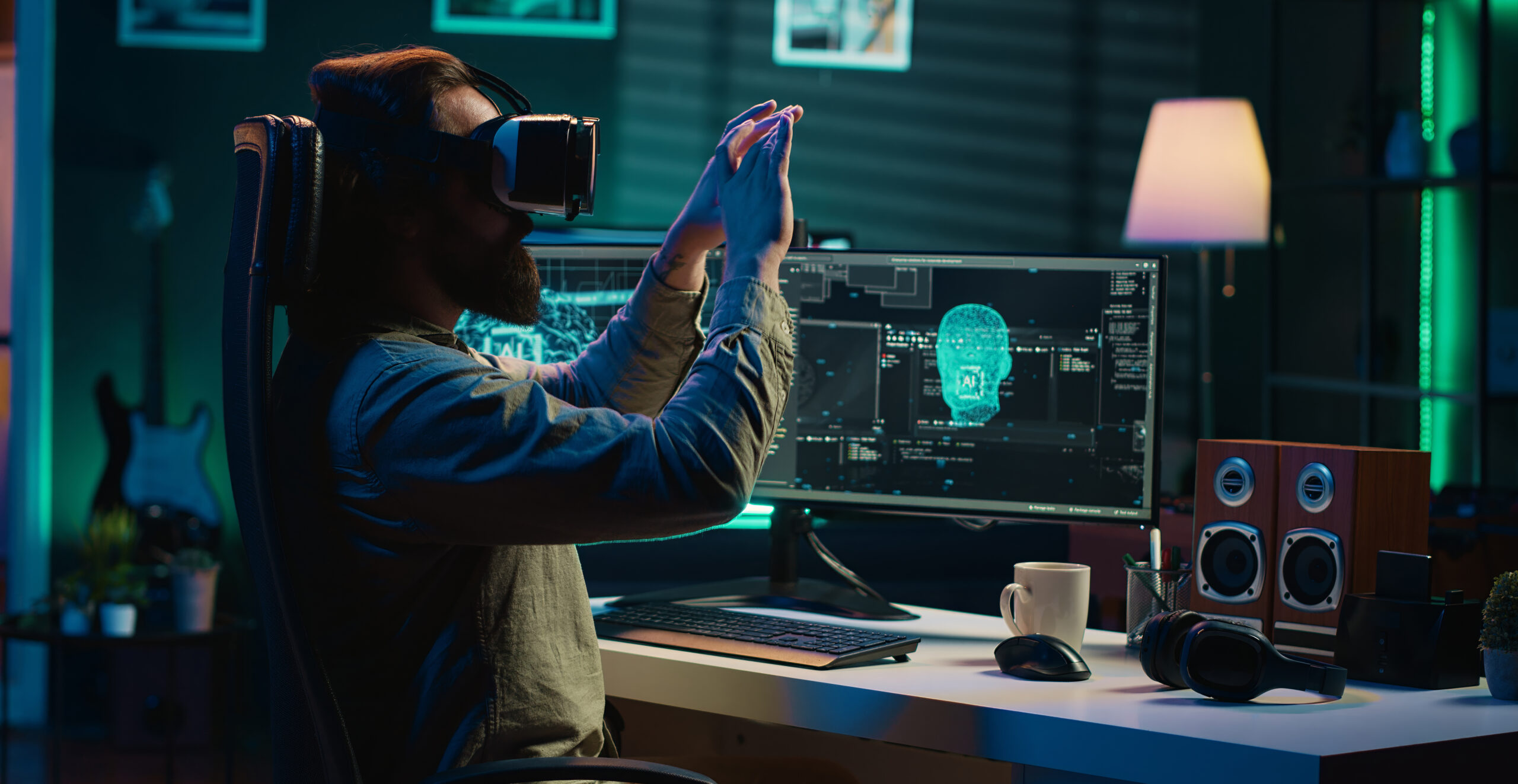 Developer using VR headset to chat with sentient artificial intelligence with own autonomy. Programmer at home talking with conscious AI superintelligence using virtual reality tech, camera A
