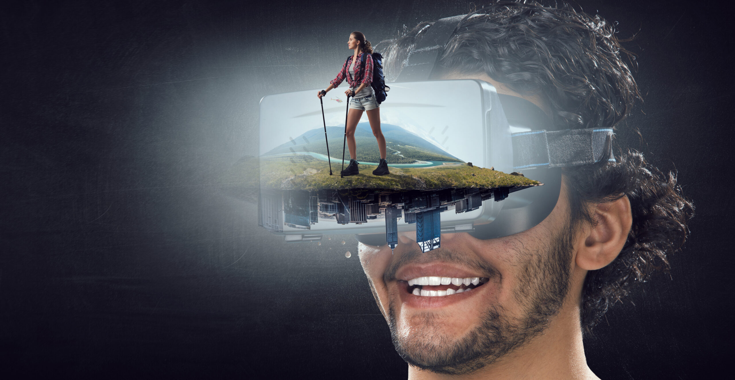 Portrait of a young man in VR helmet and a tourist woman. Mixed media