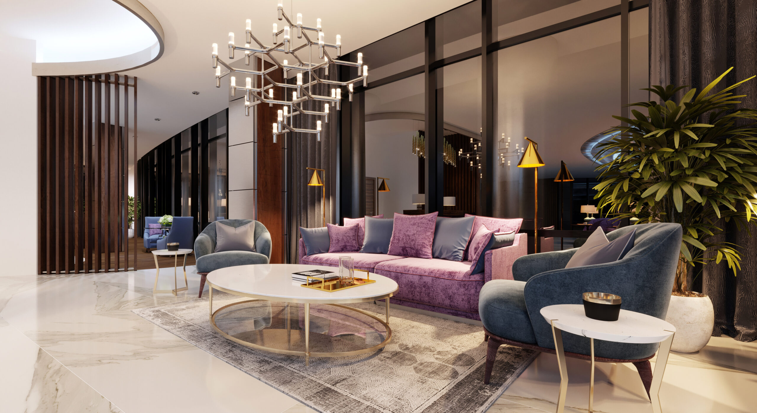 Luxurious lobby in a modern hotel with a comfortable sofa and designer armchairs. 3d rendering