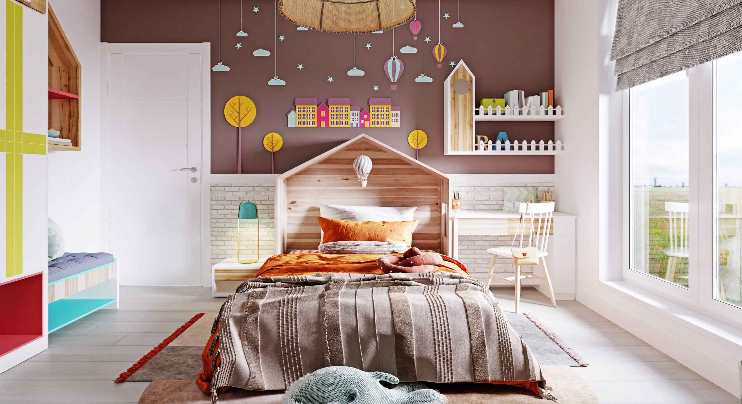 Modern nursery with white and brown wall and bed with orange blanket and headboard house and writing desk with shelves and multi-colored wardrobe. 3d rendering.