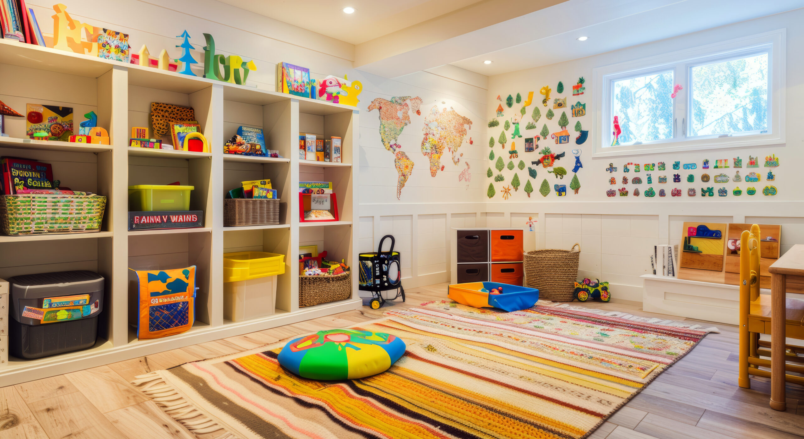 Tidy child s playroom with toys, books, and play area for organized and fun playtime