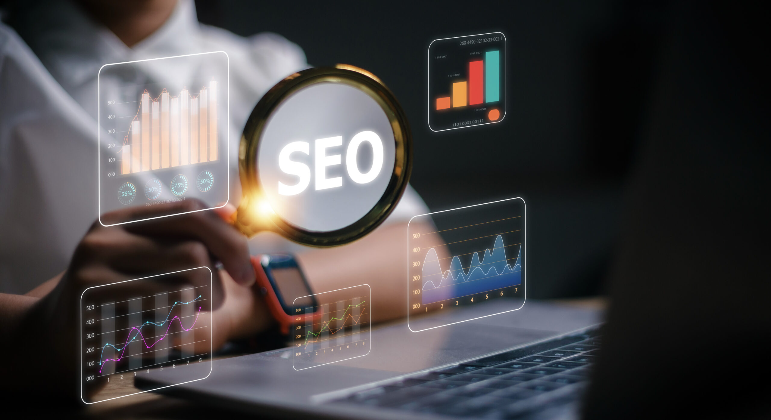 Women use magnifying glasses and computers for analysis of SEO, and search engine optimization ranking traffic websites. internet business technology for promoting traffic to the website.