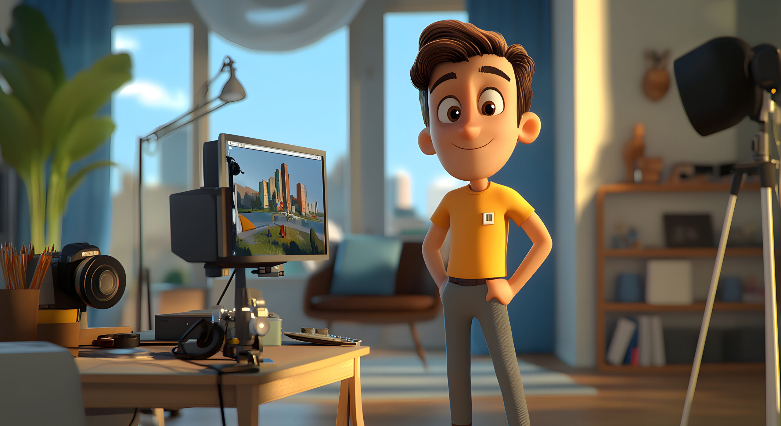 A cartoon character stands confidently in his home office, surrounded by photography equipment and a computer showing a city skyline.