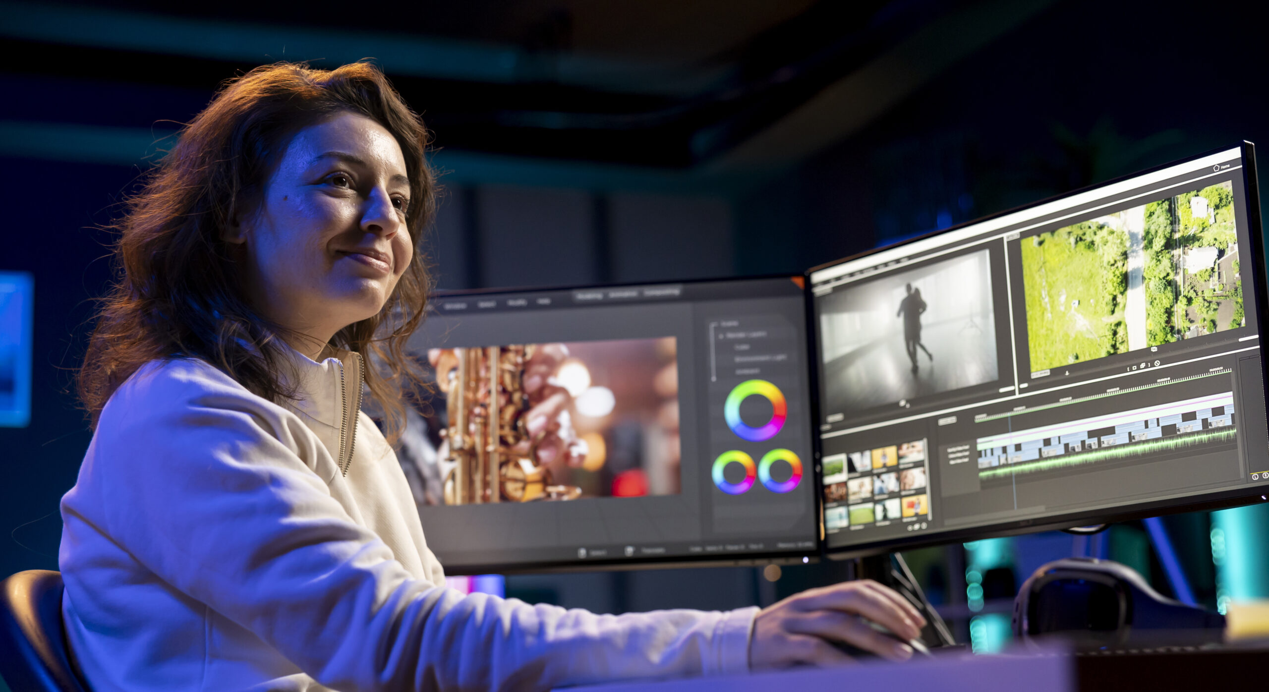 Happy videographer reviewing footage and selecting scenes, trimming them using specialized software applications and editing tools. Smiling video editor working for media company in editing room