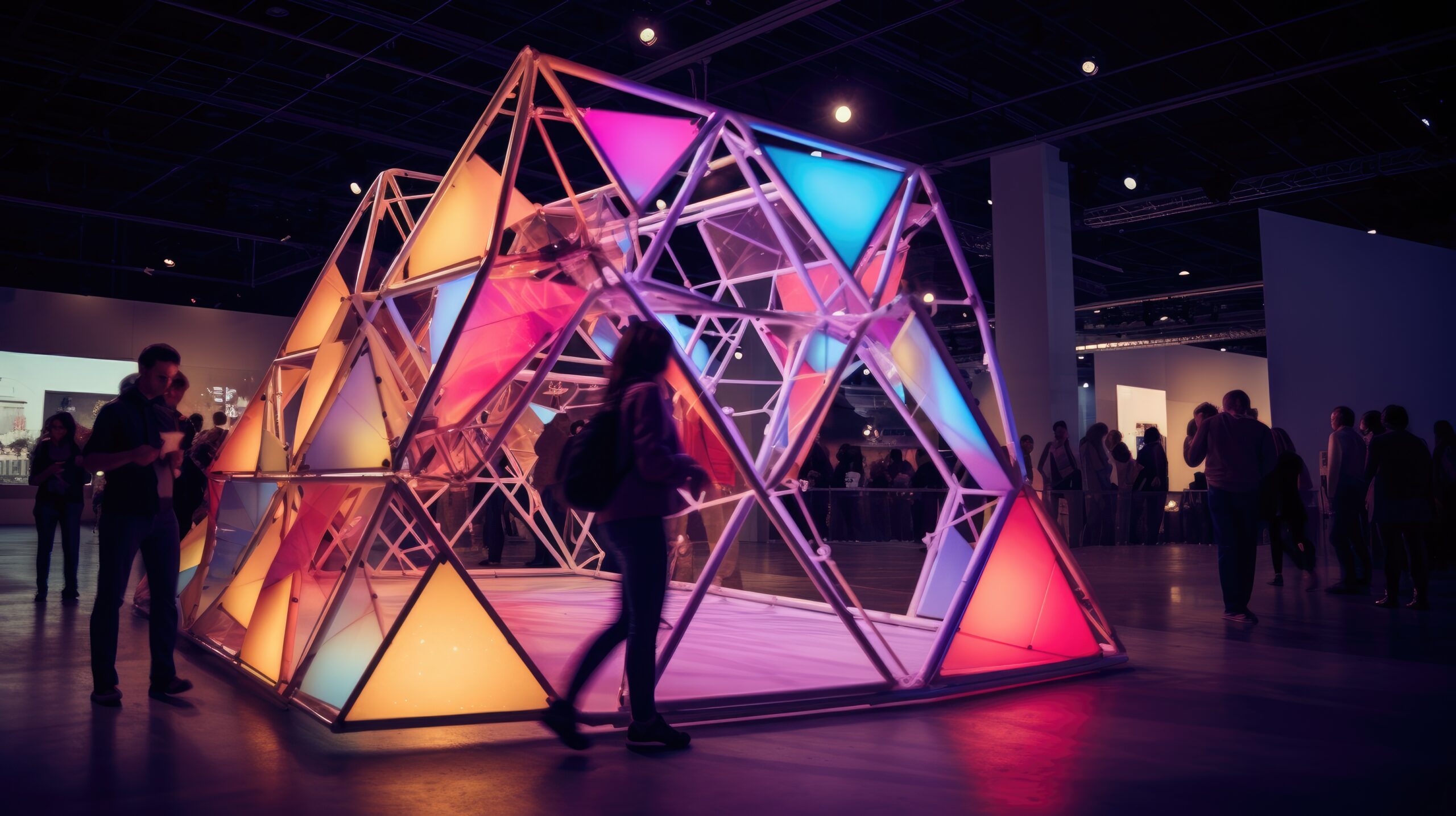 A group of people stand in a dark room, illuminated by a large, colorful geometric structure.