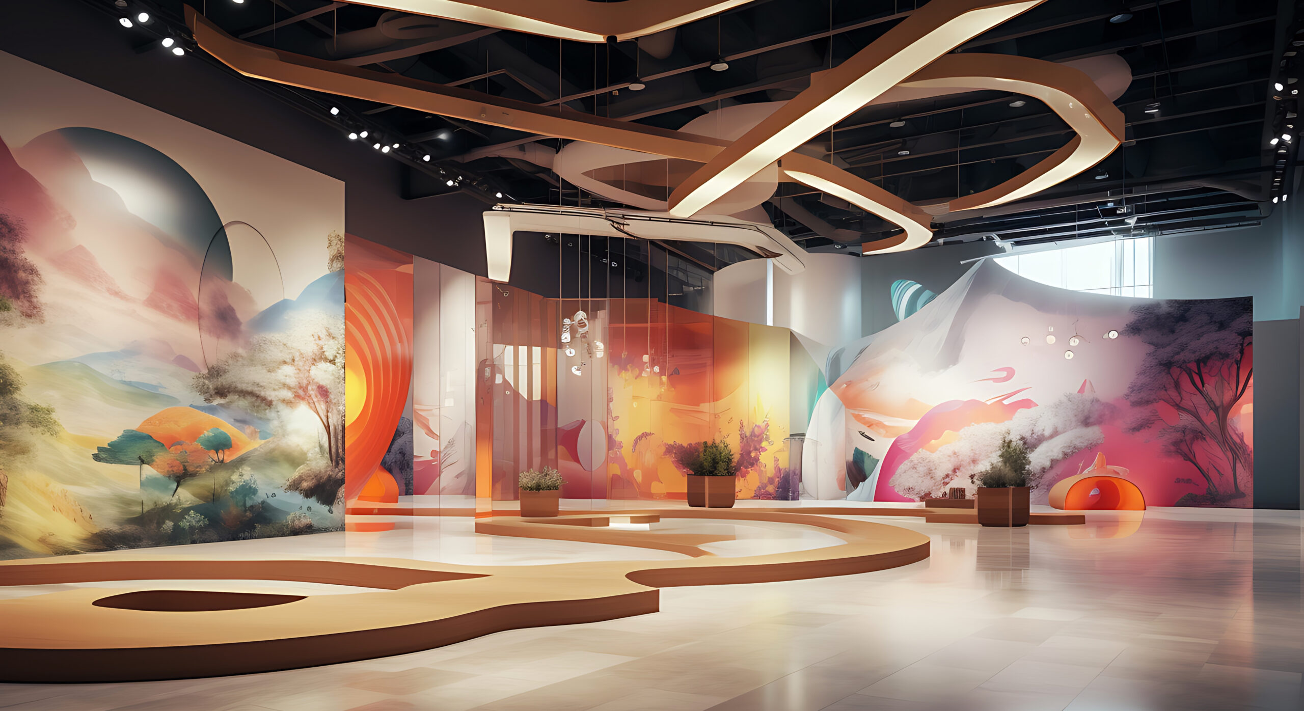 there is a large room with a large painting on the wall